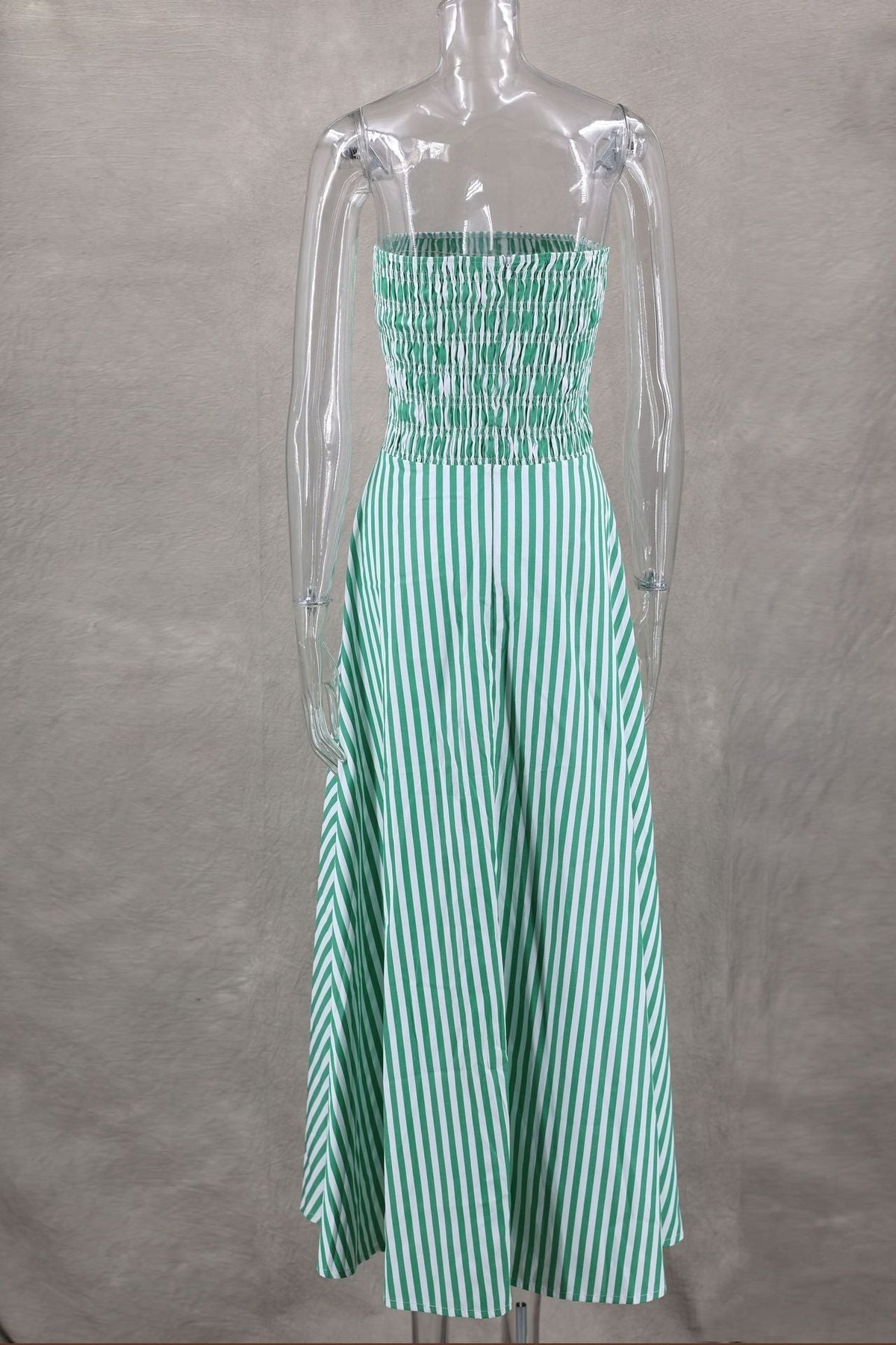 Strapless Shirred Striped Flowy Maxi Dress