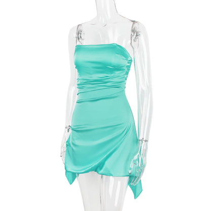 Strapless Ruched Side Cascade Panel Satin Mini Dress