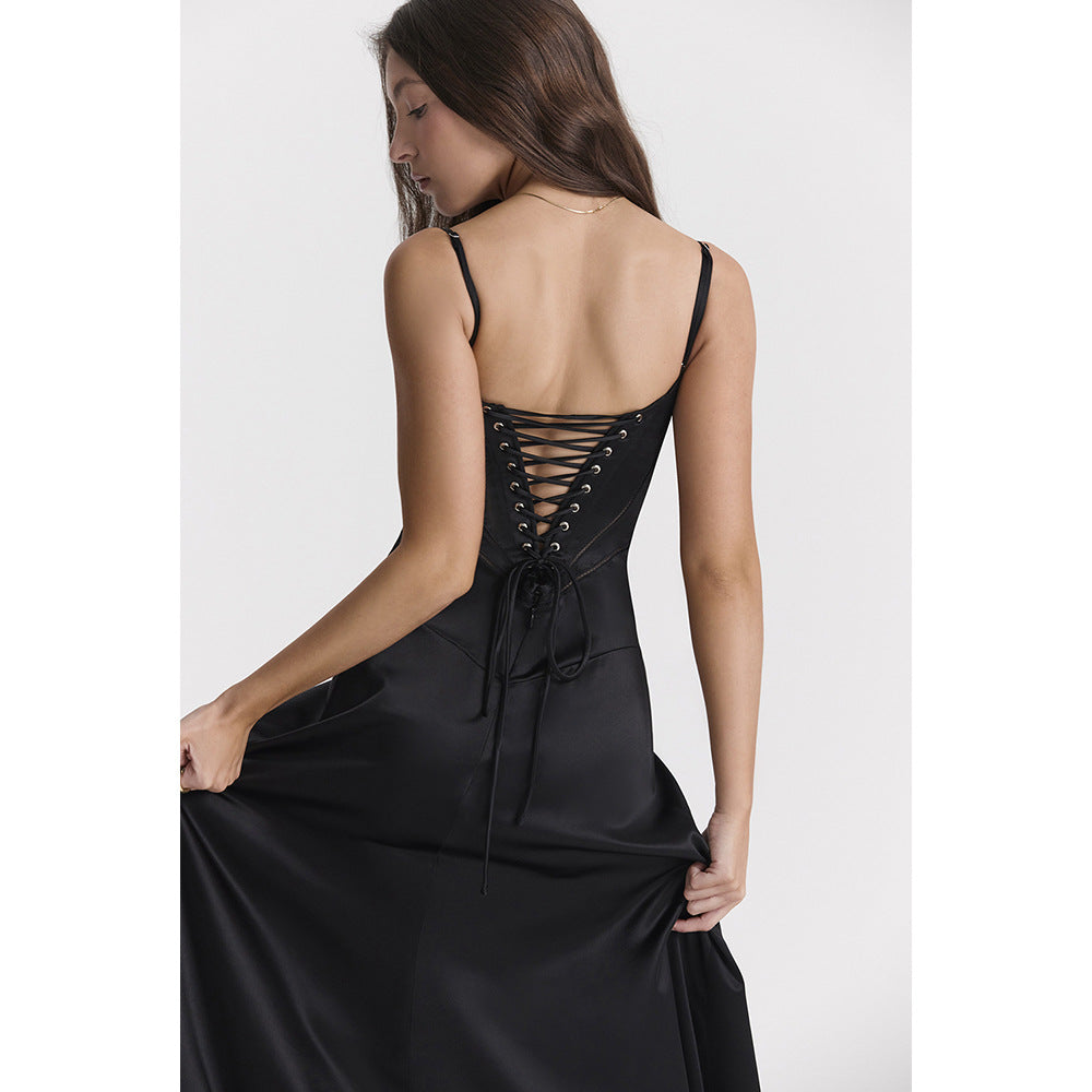 Square Neck Corset Bodice Pintuck Lace Up Back Satin Slip Maxi Dress