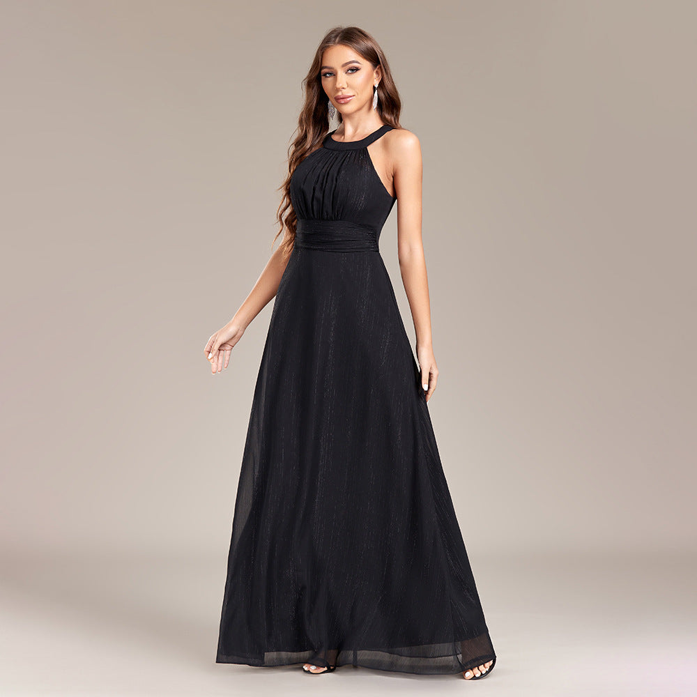 Halter Neck Pleated Bodice High Waist A-Line Floor Length Gown
