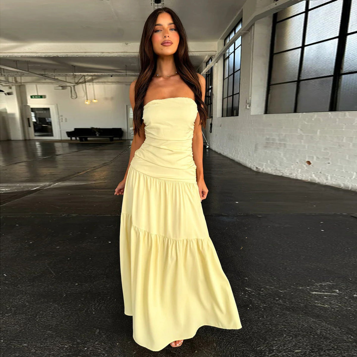 Strapless Ruched Bodice Tiered A-Line Maxi Dress