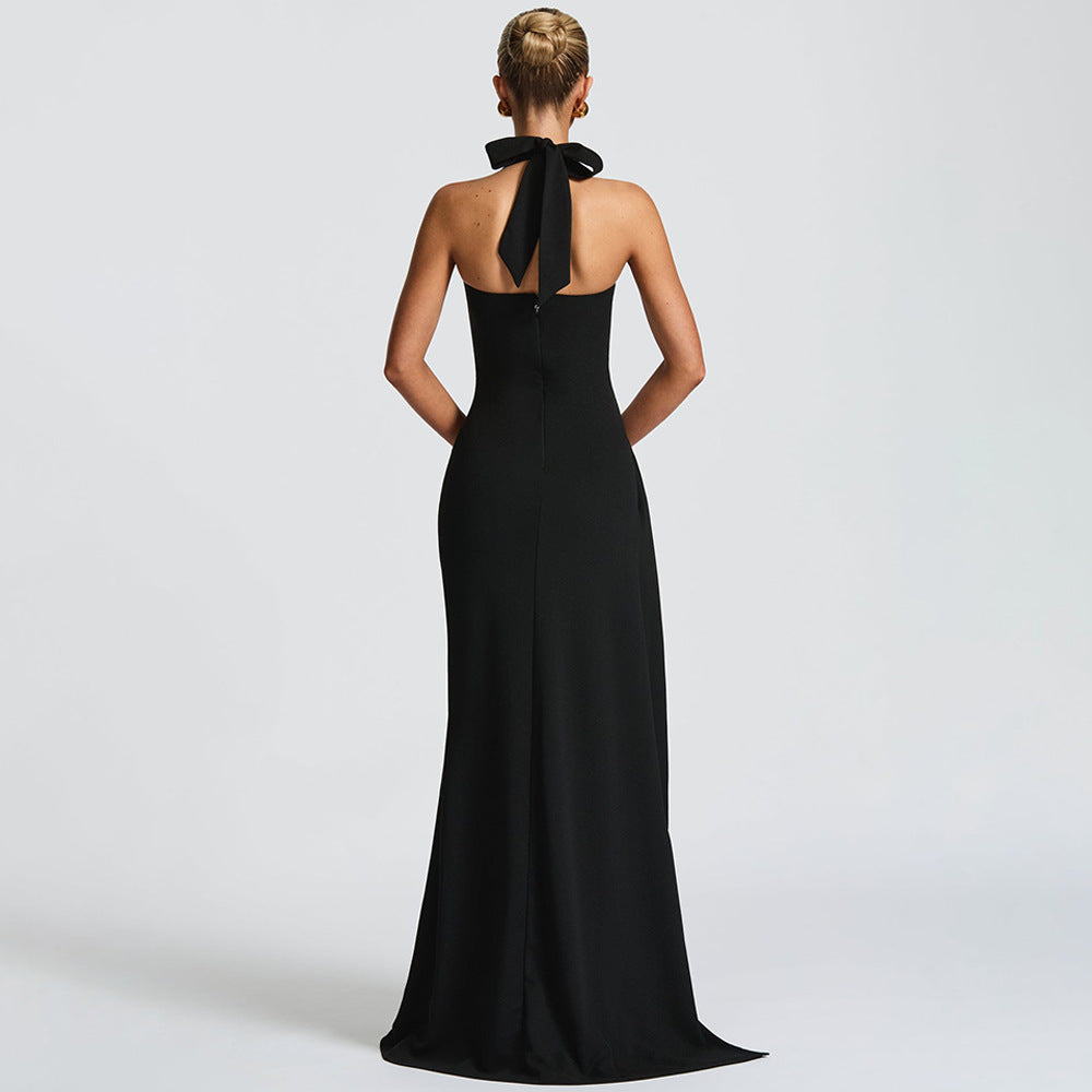 Long Sleeve Deep V Front Slit Column Maxi Dress