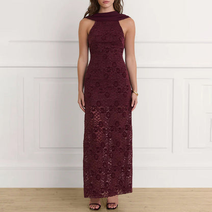 Halter Scarf Neck Floral Lace Sheer Skirt Column Maxi Gown