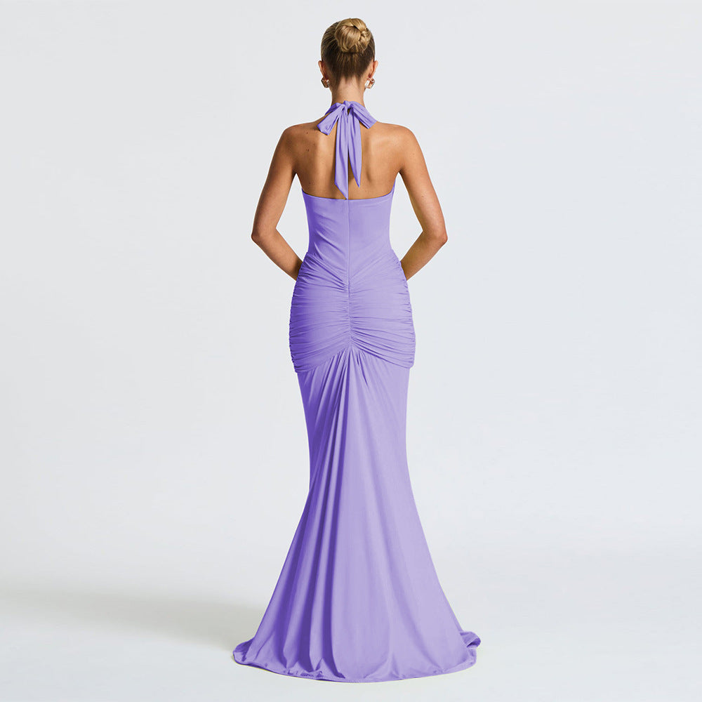Halter Deep V Ruched Bodice Center Panel Drape Jersey Maxi Gown