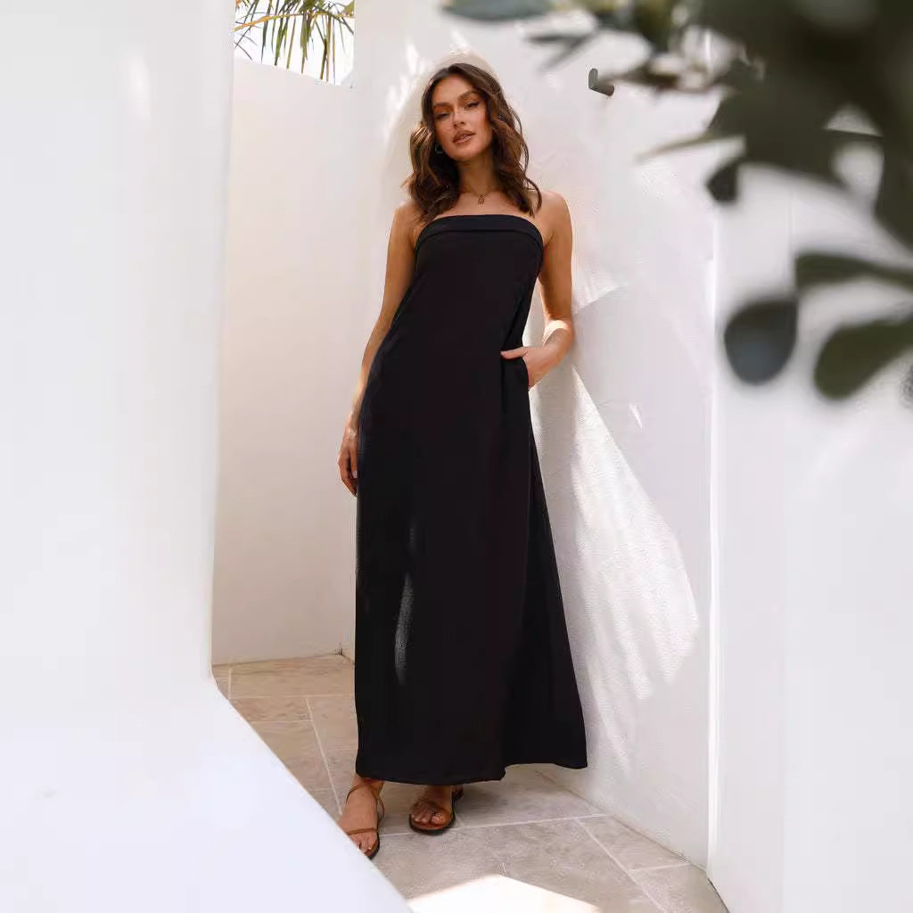 Strapless Foldover Neck Column Satin Maxi Dress