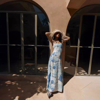 Square Neck Spaghetti Strap Tile Print Crochet Trim Maxi Dress