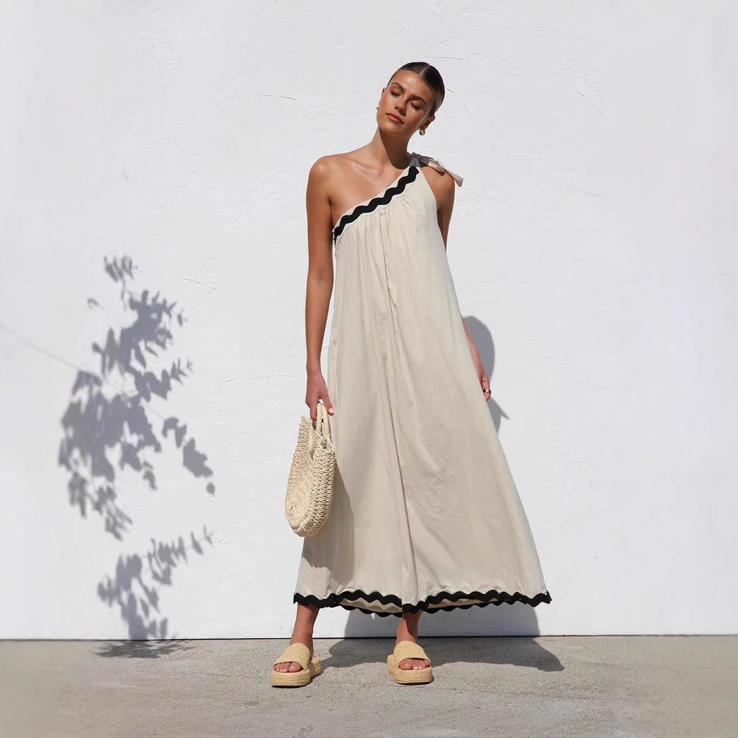 One Shoulder Ric Rac Trim Tie Shoulder Maxi Dress