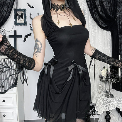Strapless Draped Sleeve Bow Trim Tiered Chiffon Mini Dress
