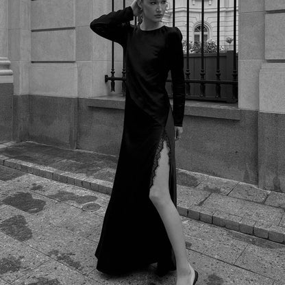 Crew Neck Long Sleeve Lace Trim High Slit Satin Maxi Dress