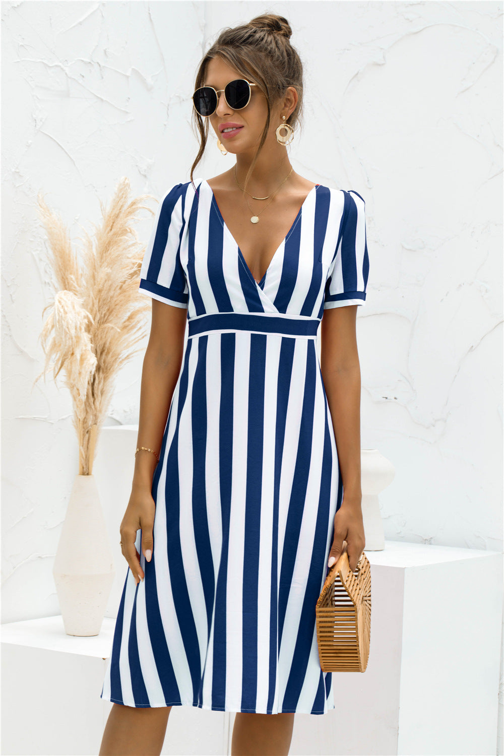 Surplice V Neck Short Sleeve Vertical Stripe Midi Dress
