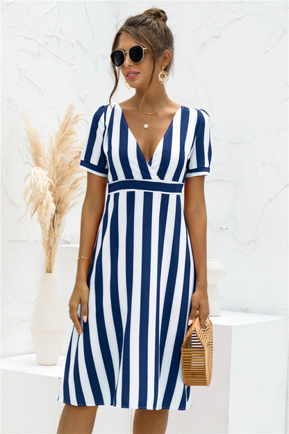 Surplice V Neck Short Sleeve Vertical Stripe Midi Dress