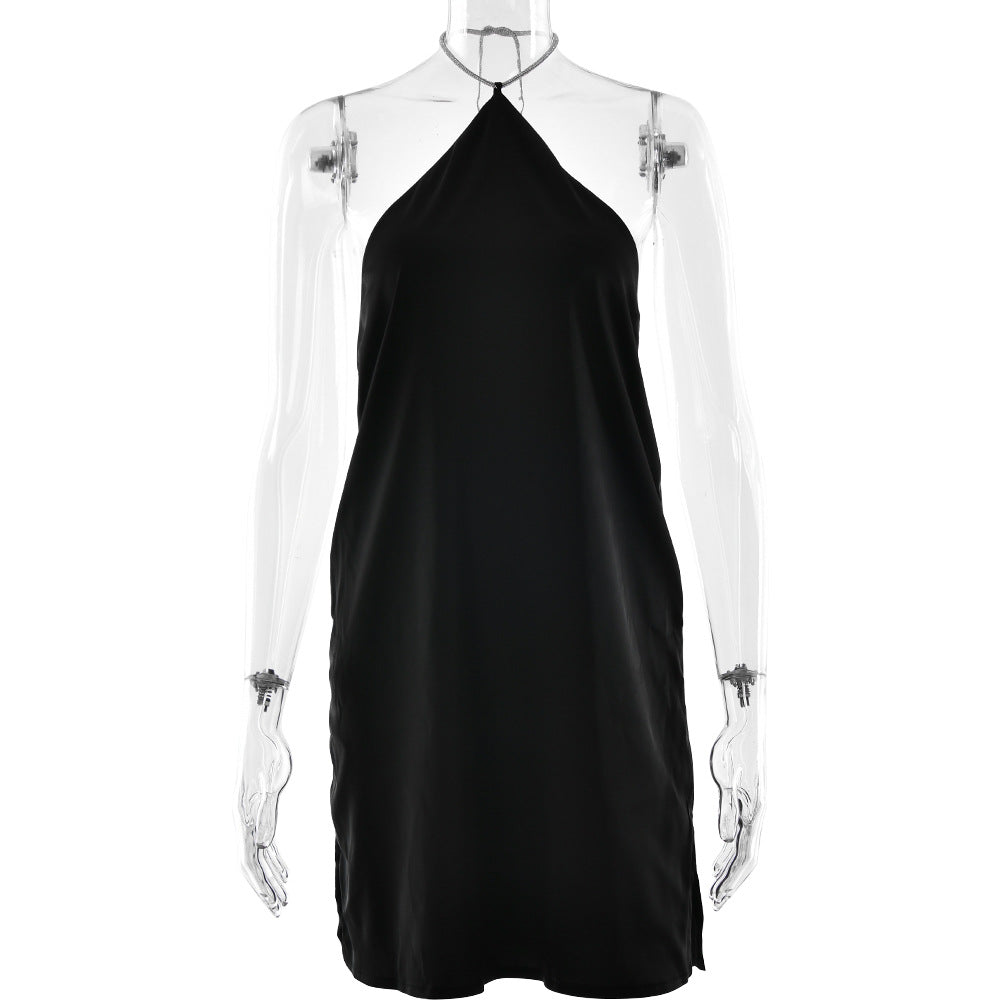 Halter Rhinestone Chain Neck Satin Shift Mini Dress