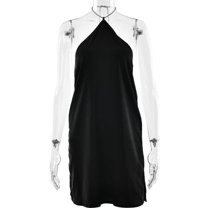 Halter Rhinestone Chain Neck Satin Shift Mini Dress