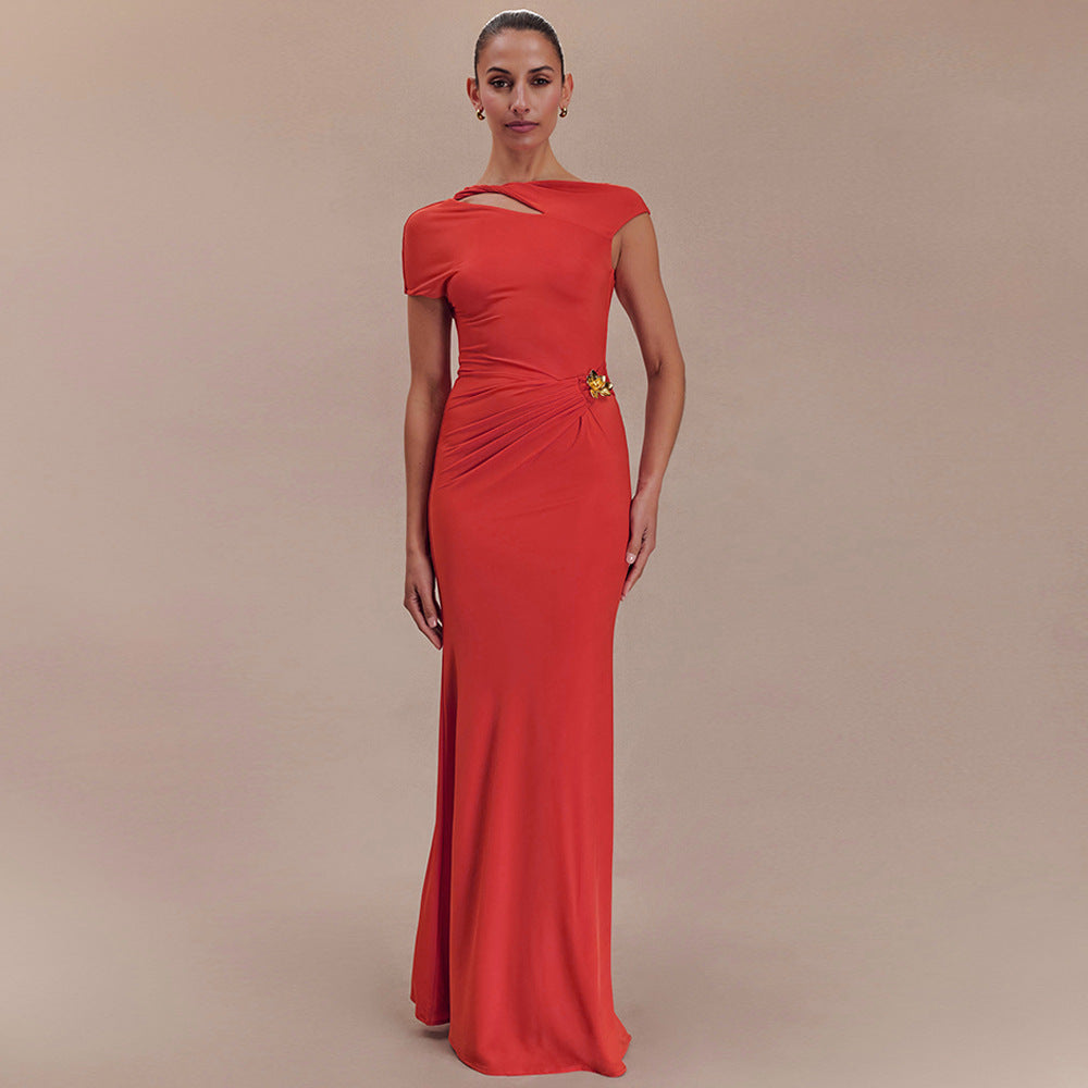 One Shoulder Cap Sleeve Cutout Ruched Maxi Dress with Buckle