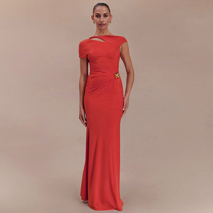 One Shoulder Cap Sleeve Cutout Ruched Maxi Dress with Buckle