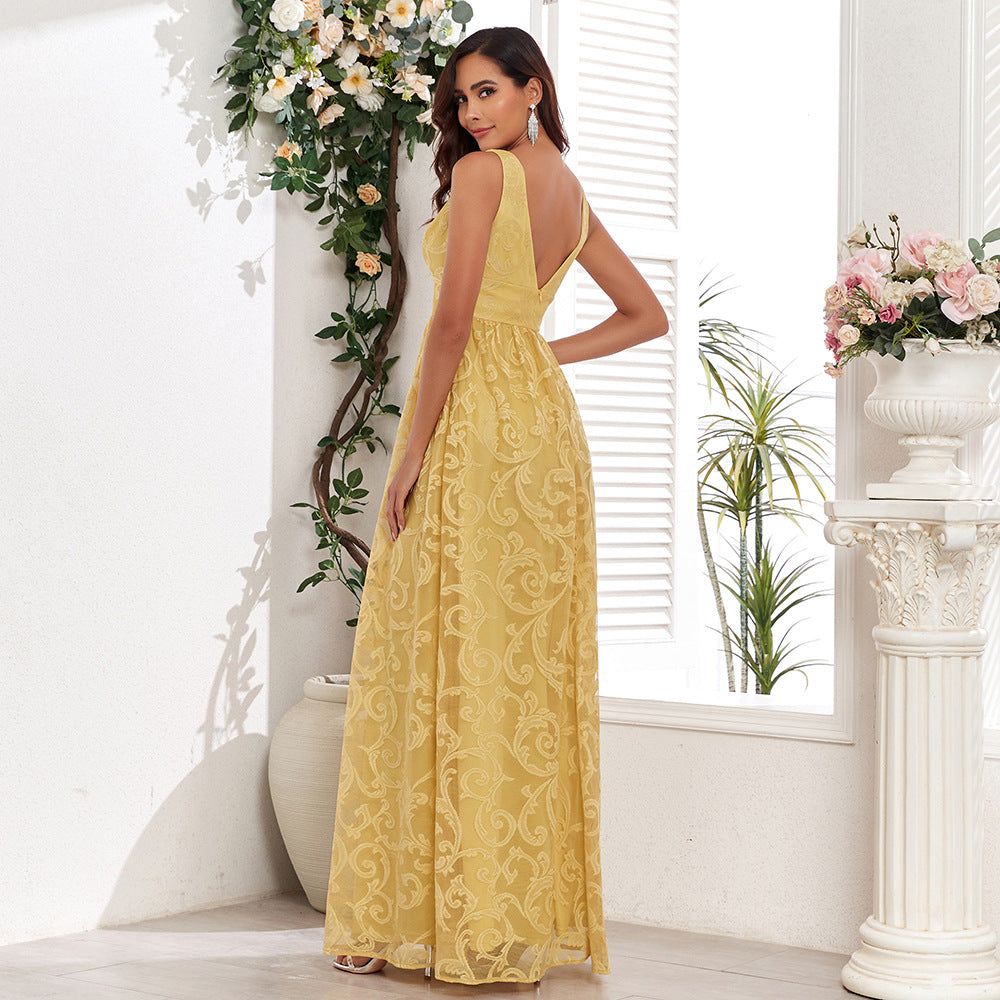 Double V Neck Sleeveless Scroll Lace Embroidered Empire Waist Maxi Gown