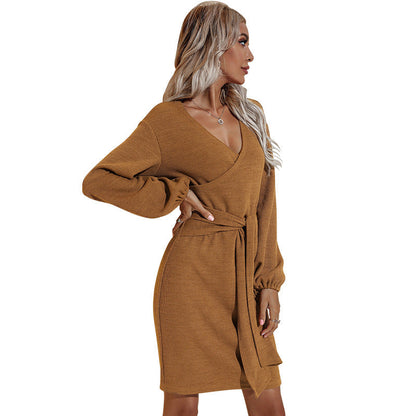 V Neck Wrap Front Lantern Sleeve Knit Mini Dress With Self Tie Belt