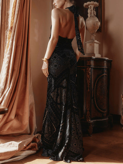 Halter Keyhole Cutout Devore Velvet Mermaid Maxi Gown