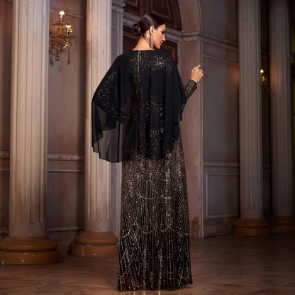 Sequin Geometric Art Deco Capelet Overlay Long Sleeve Column Gown