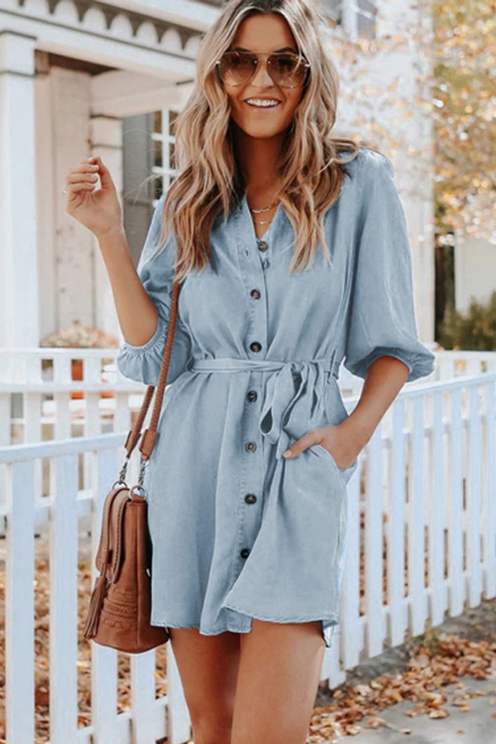 Collared V Neck Button Front Tie Waist Chambray Shirt Dress