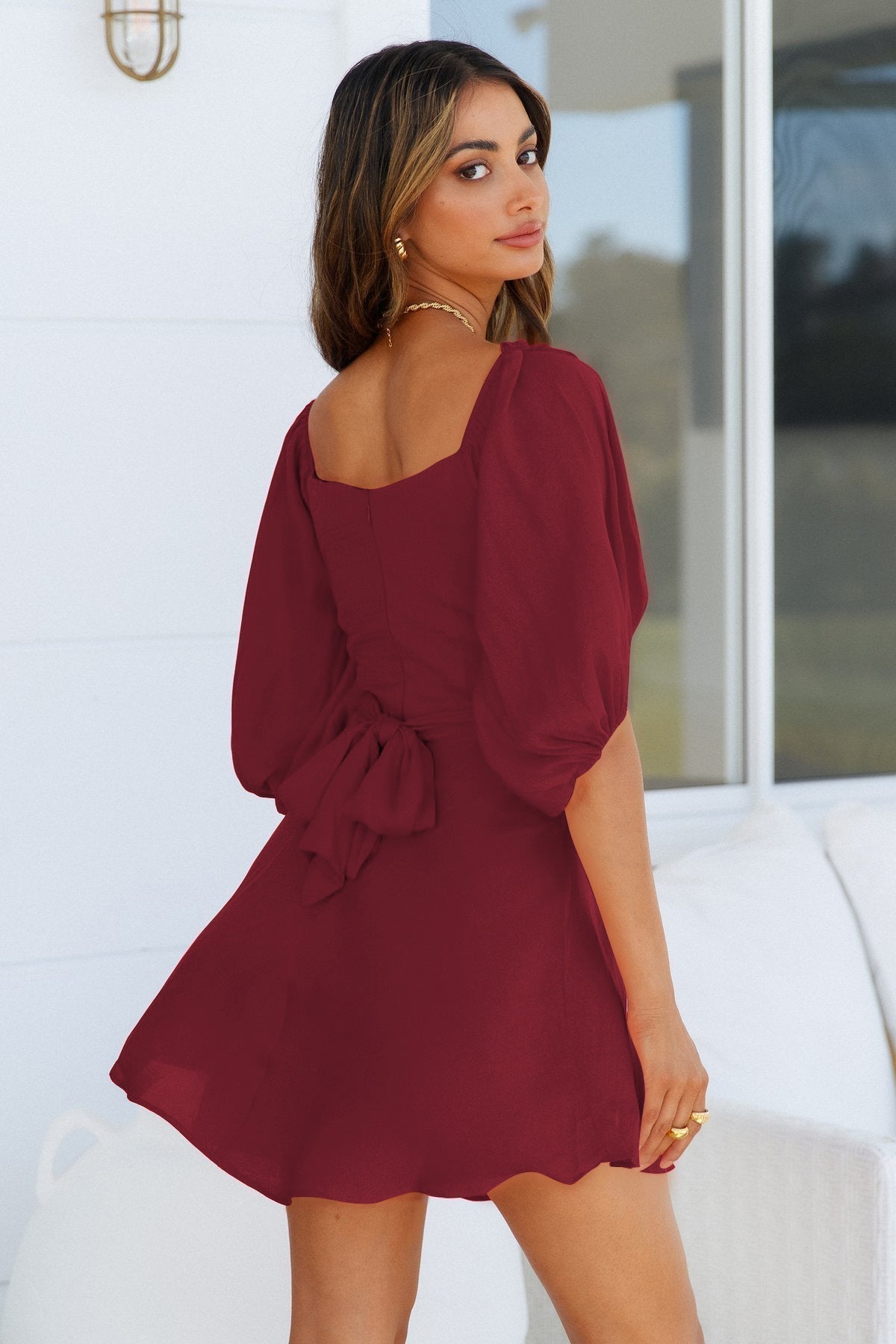 Sweetheart Neck Balloon Sleeve Empire Waist Mini Dress