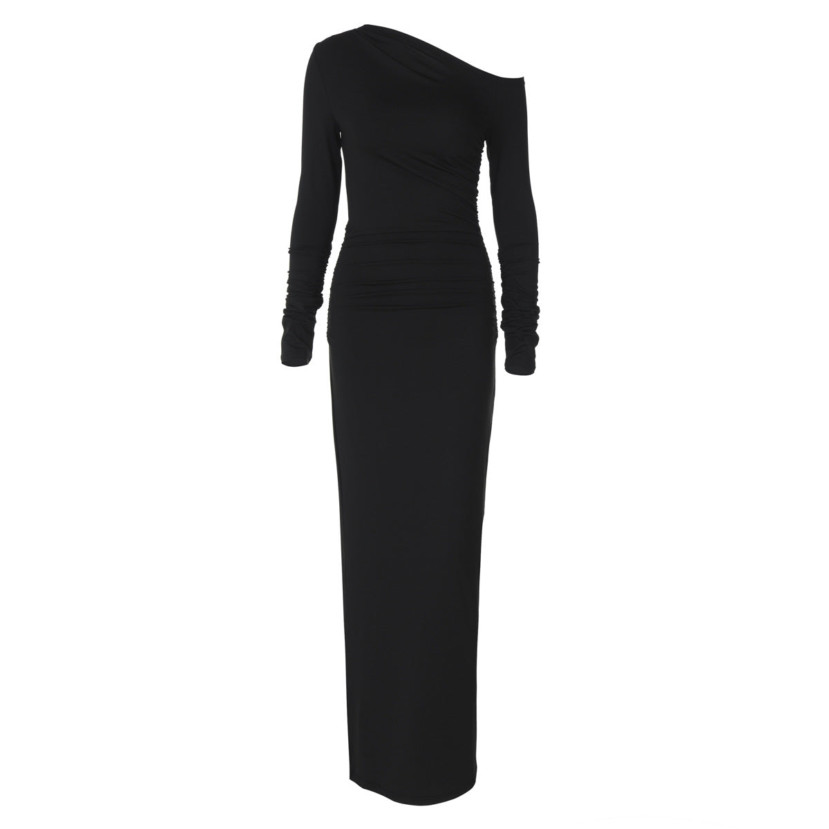 Asymmetric Off Shoulder Ruched Gathered Long Sleeve Bodycon Maxi Dress