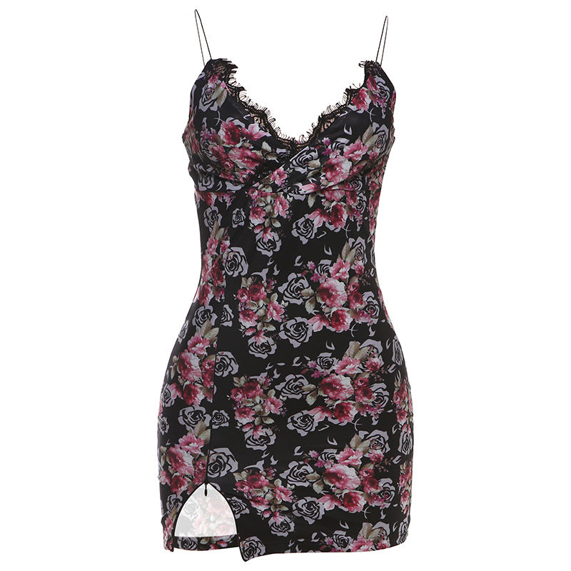 spring new women's seaside hottie vacation style sexy V-neck lace splicing floral suspender dress