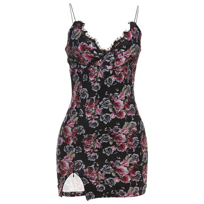 spring new women's seaside hottie vacation style sexy V-neck lace splicing floral suspender dress