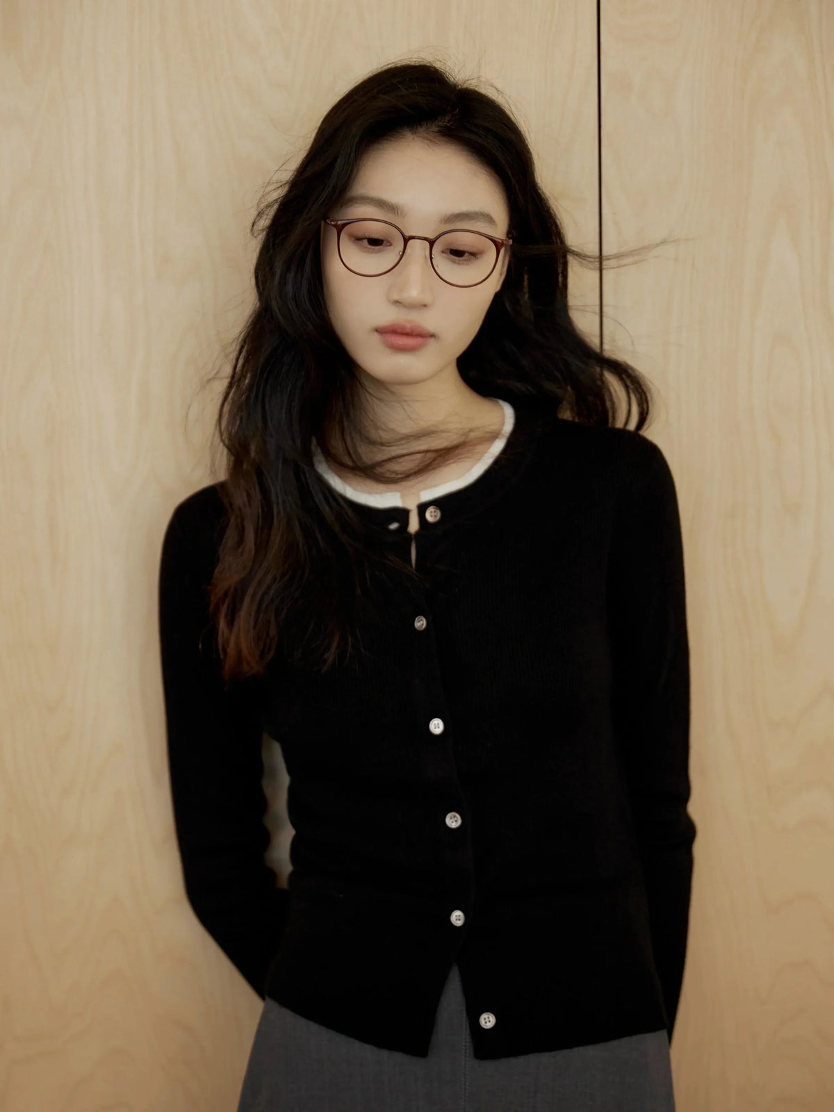 Button-Up Cardigan Sweater with White Inner Layer