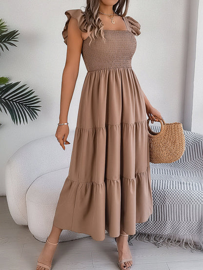 Khaki Off Shoulder Embroidered Floral Tiered Maxi Dress