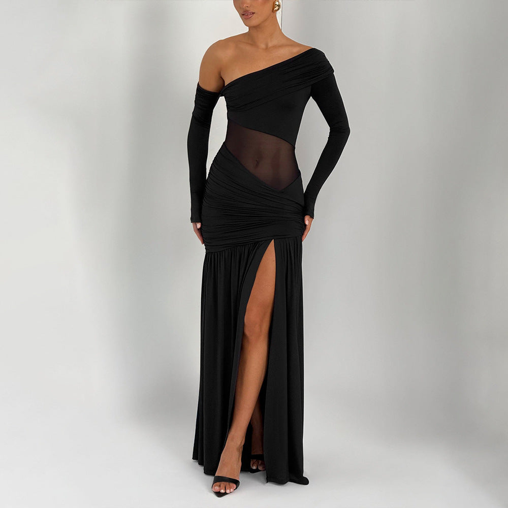 One Shoulder Asymmetric Ruching Mesh Midriff High Slit Maxi Gown