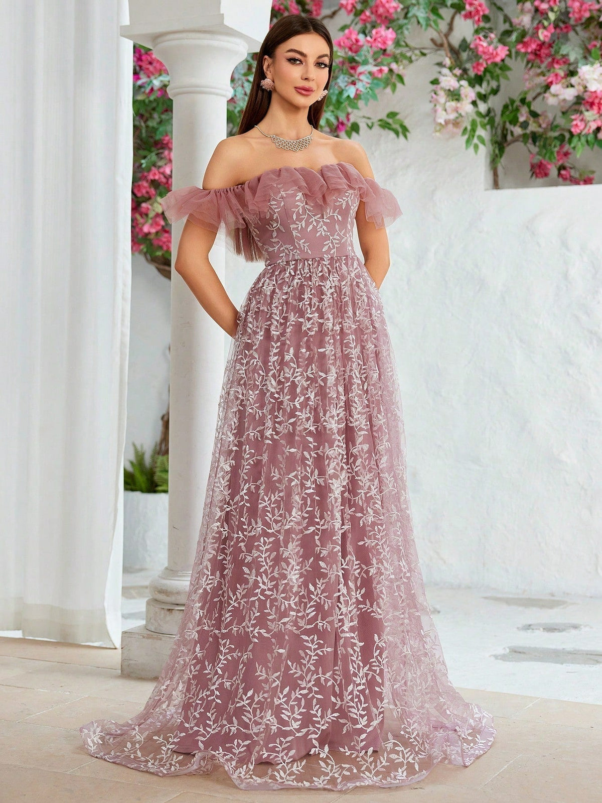 Off Shoulder Ruffle Trim Floral Lace A-Line Maxi Gown