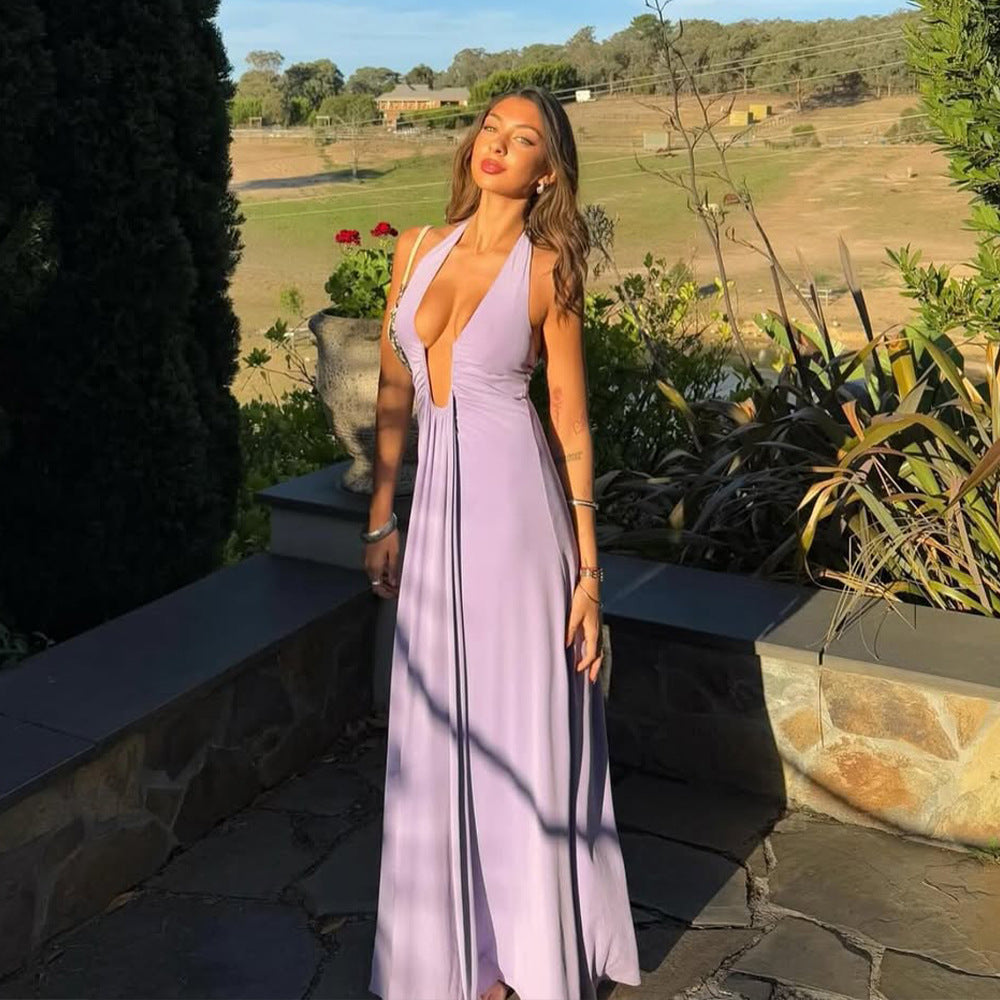 Halter Deep V Ruched Bodice Center Panel Drape Jersey Maxi Gown