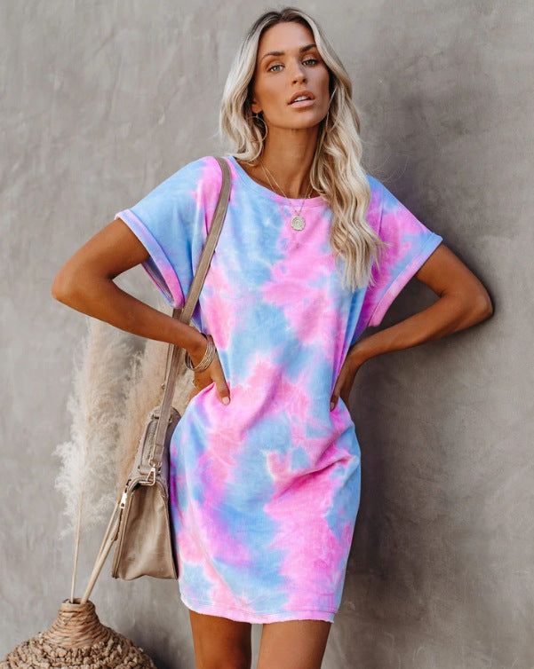 Crew Neck Rolled Cuff Short Sleeve Tie Dye Oversized T-Shirt Mini Dress