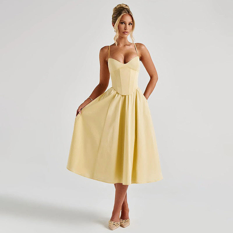 Sweetheart Spaghetti Strap Corset Bodice Pleated Pocket Midi Dress