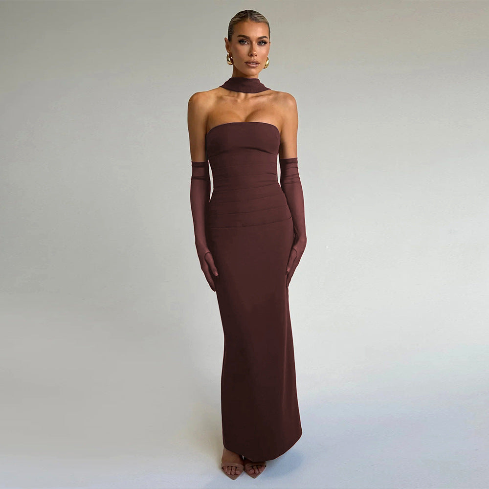 Strapless Tiered Panel Maxi Dress With Gloves Set