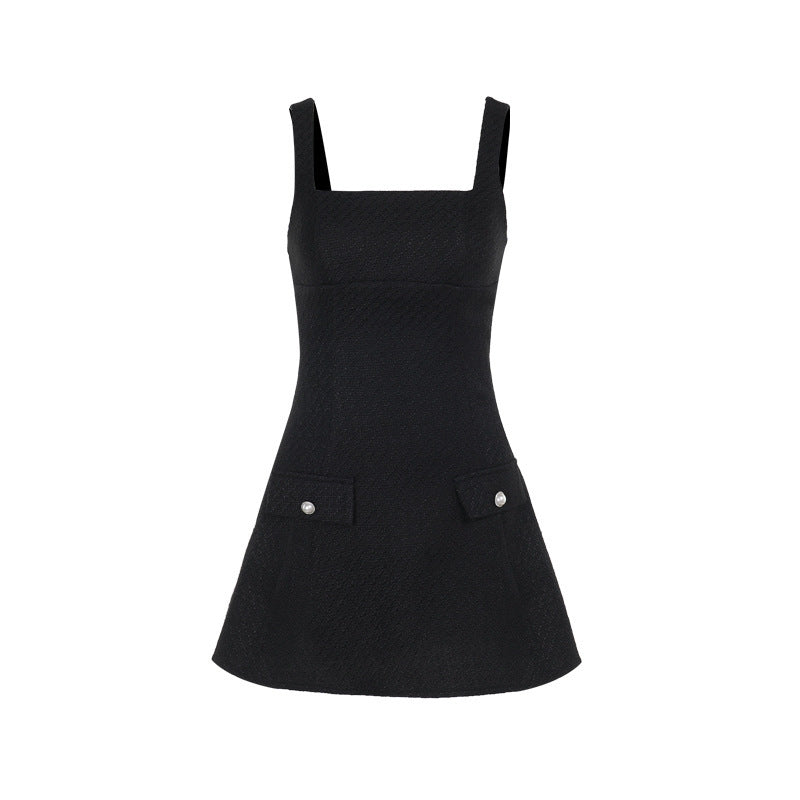 Square Neck Tweed Pearl Button Pocket A-Line Mini Dress
