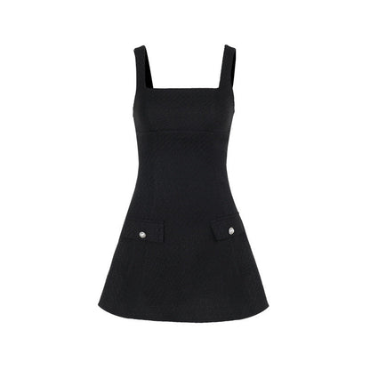 Square Neck Tweed Pearl Button Pocket A-Line Mini Dress