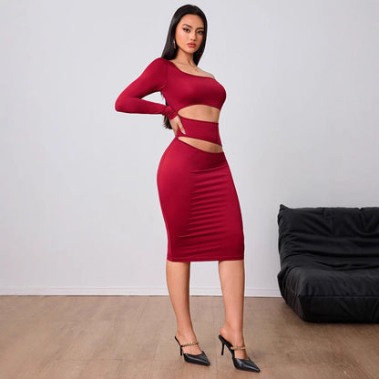 One Shoulder Long Sleeve Waist Cutout Bodycon Midi Dress