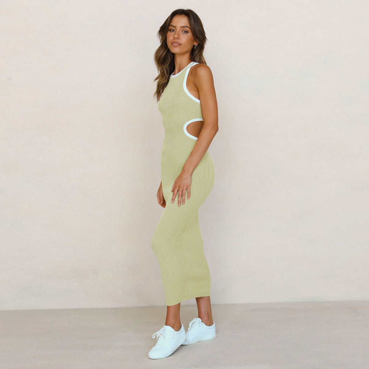 Crew Neck Long Sleeve Rib Knit Waist Cutout Midi Dress