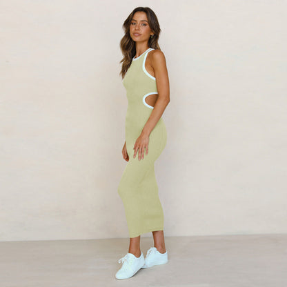 Crew Neck Long Sleeve Rib Knit Waist Cutout Midi Dress