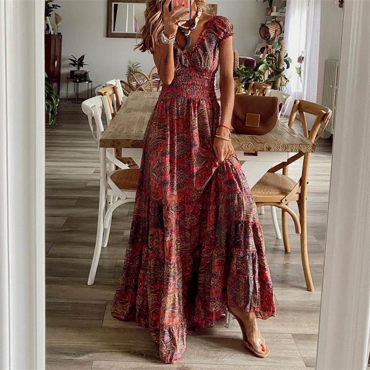 V Neck Smocked Puff Sleeve Paisley Tiered Maxi Dress