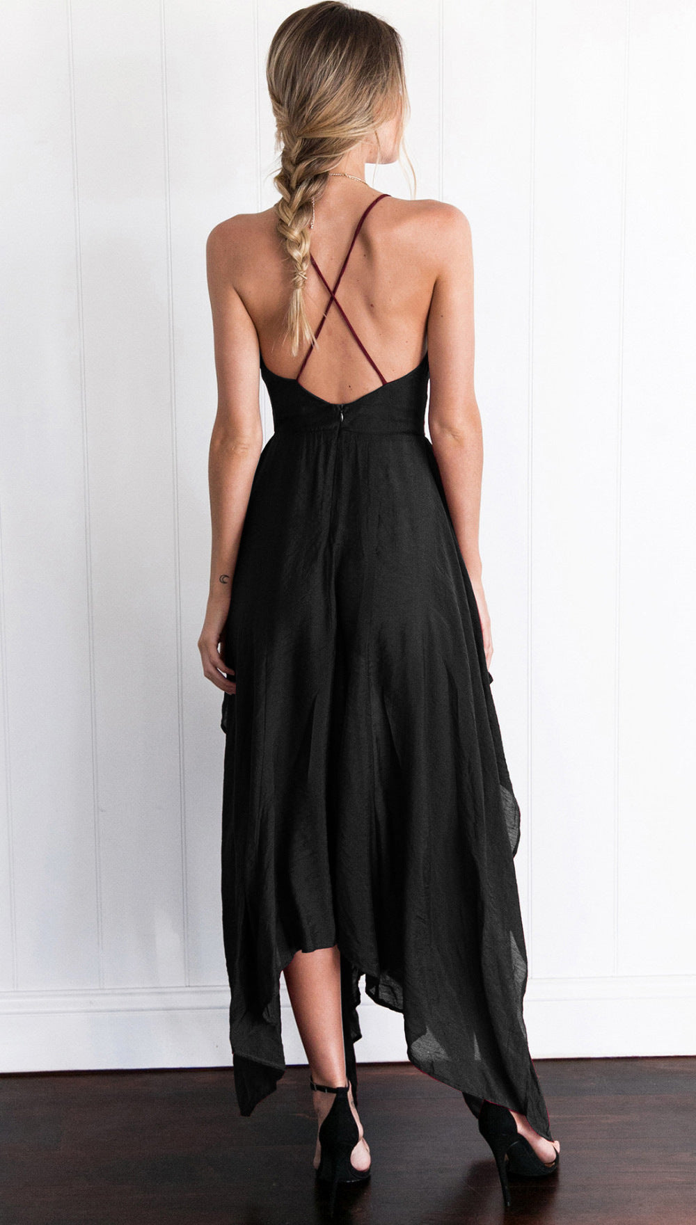 Plunge V-Neck Spaghetti Strap Side Slit Handkerchief Hem Maxi Dress