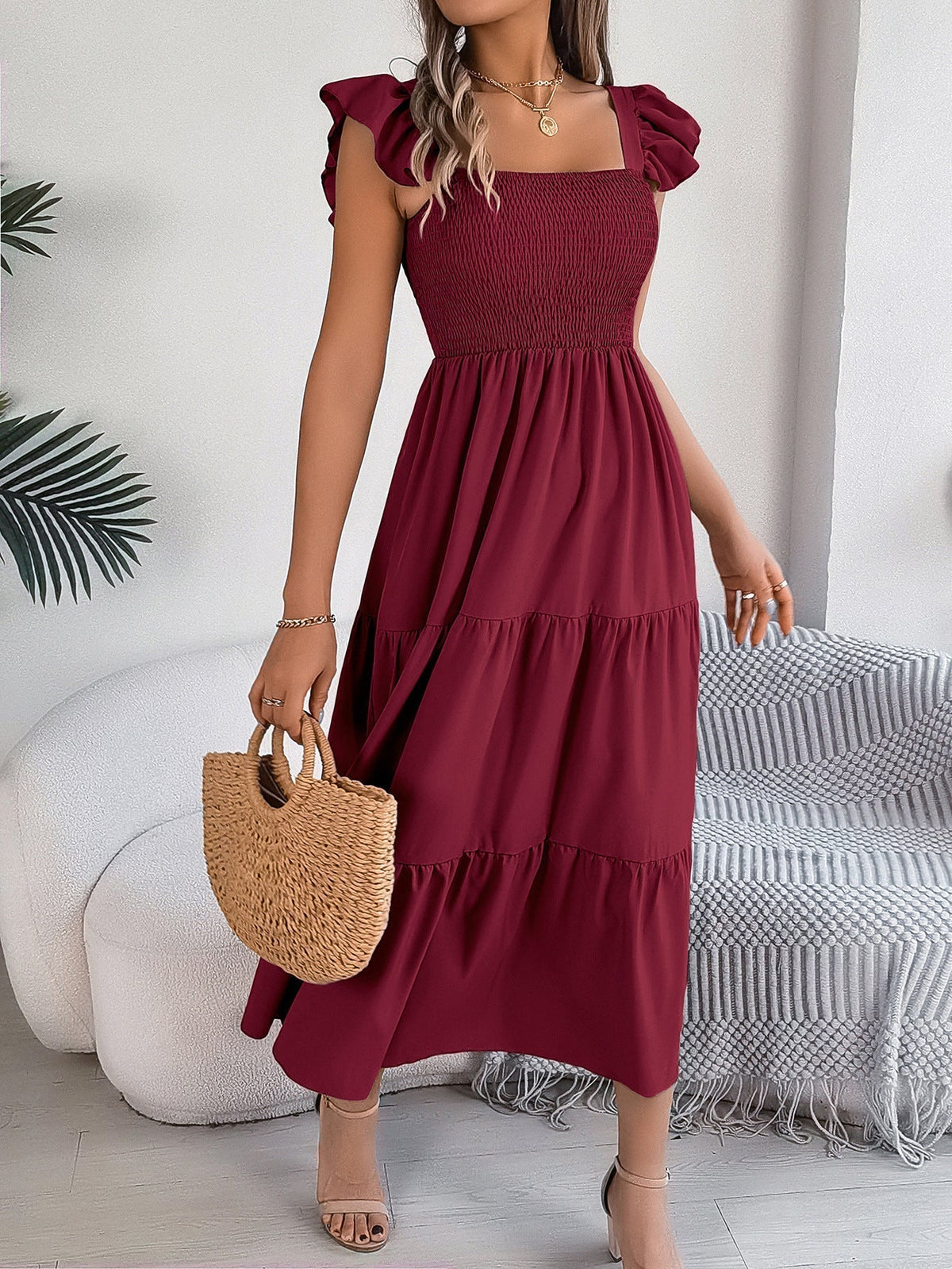 Wine Red Off Shoulder Embroidered Floral Tiered Maxi Dress