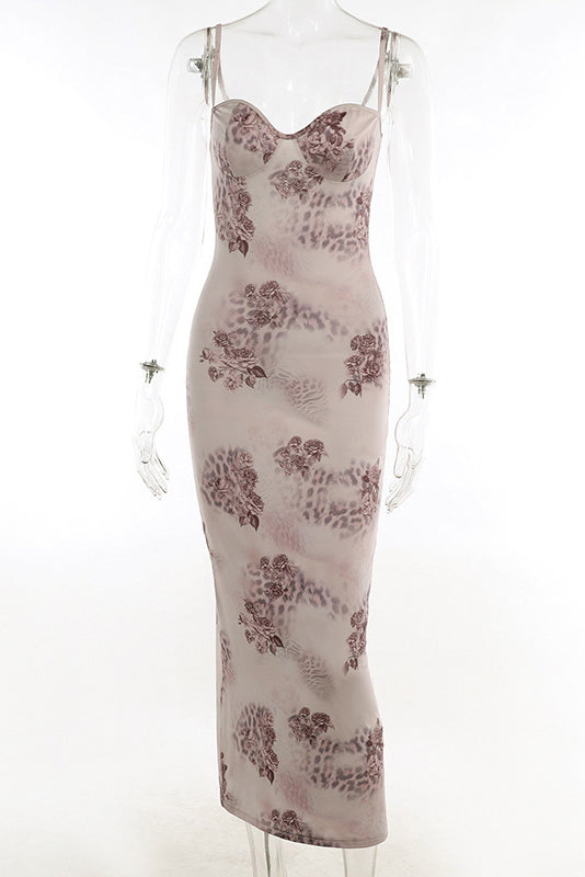 Sweetheart Bodycon Lace Mesh Sleeveless Printed Maxi Dress