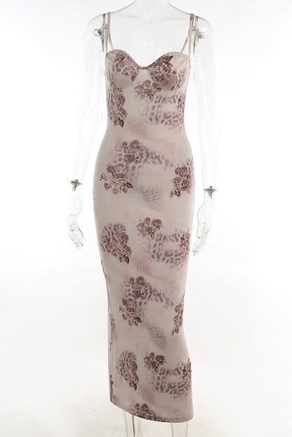 Sweetheart Bodycon Lace Mesh Sleeveless Printed Maxi Dress