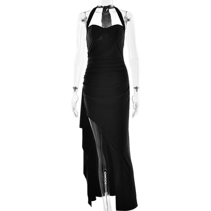 Long Sleeve Deep V Front Slit Column Maxi Dress