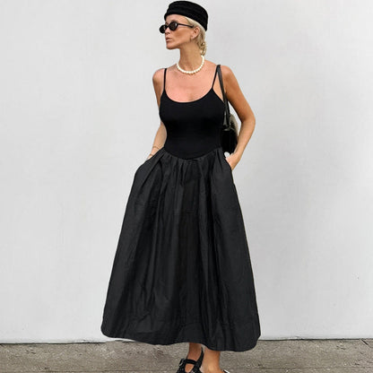 Scoop Spaghetti Strap Drop Waist Pleated Poplin Skirt Maxi Dress