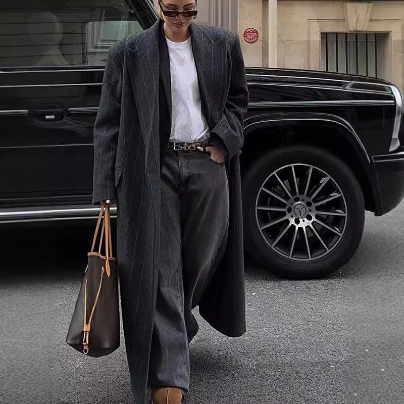 Kassidee Striped Lapel Long Coat