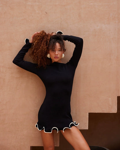 Ruffle Hem Long Sleeve Knit Mini Dress